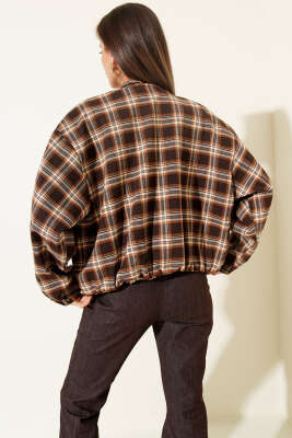 Ekose Desenli Fermuarlı Kısa Ceket Kahve - Thumbnail