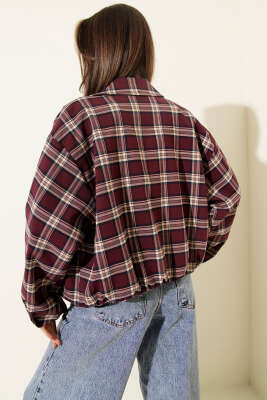 Ekose Desenli Fermuarlı Kısa Ceket Bordo - Thumbnail