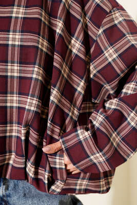 Ekose Desenli Fermuarlı Kısa Ceket Bordo - Thumbnail