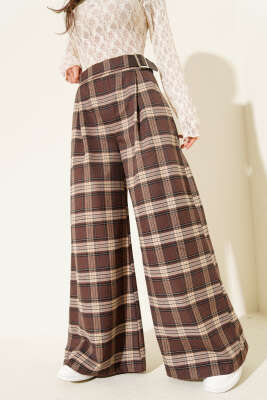 Geniş Paçalı Ekose Desen Pantolon Kahve - Thumbnail