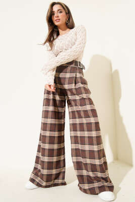 Geniş Paçalı Ekose Desen Pantolon Kahve - Thumbnail