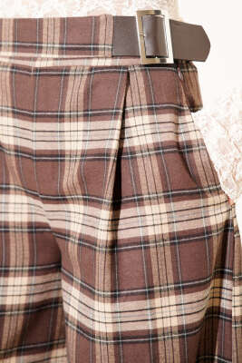 Geniş Paçalı Ekose Desen Pantolon Kahve - Thumbnail