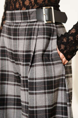 Geniş Paçalı Ekose Desen Pantolon Gri - Thumbnail