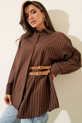 Yan Çift Kemer Detaylı Çizgili Gömlek Kahve - Thumbnail