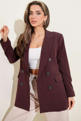 Pazarium - Kruvaze Yaka Düğmeli Astarlı Blazer Ceket Mürdüm
