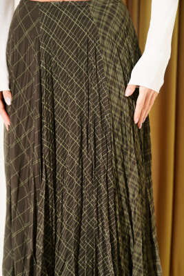 Kırışık Şifon Ekoseli Midi Etek Haki - Thumbnail