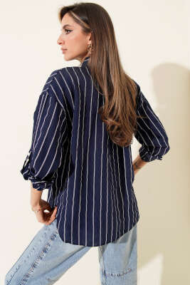 Çizgili Göğüs Cepli Salaş Gömlek Lacivert - Thumbnail