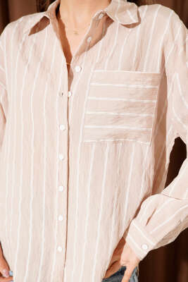 Çizgili Göğüs Cepli Salaş Gömlek Bej - Thumbnail