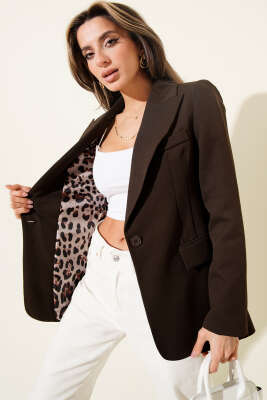 Pazarium - Leopar Astarlı Tek Düğme Blazer Ceket Kahve