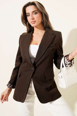 Leopar Astarlı Tek Düğme Blazer Ceket Kahve - Thumbnail