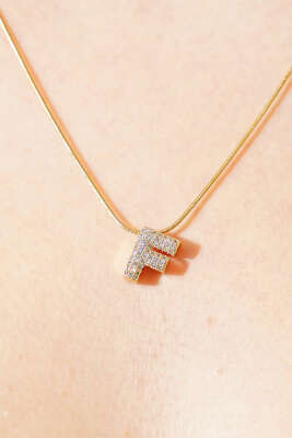 Modern F Harfi Taş İşlemeli Kolye Gold - Thumbnail