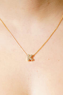 Modern K Harfi Taş İşlemeli Kolye Gold - Thumbnail