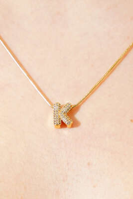 Modern K Harfi Taş İşlemeli Kolye Gold - Thumbnail