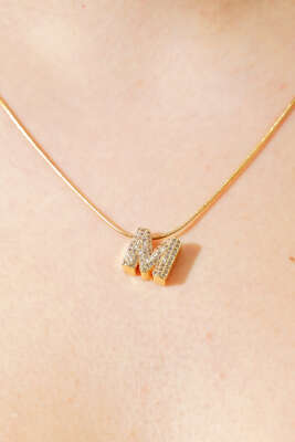 Modern M Harfi Taş İşlemeli Kolye Gold - Thumbnail