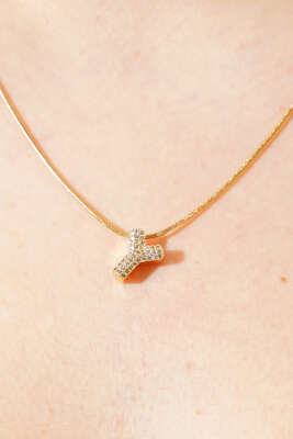 Modern Y Harfi Taş İşlemeli Kolye Gold - Thumbnail