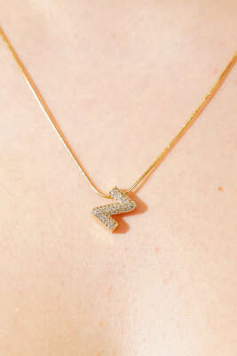 Modern Z Harfi Taş İşlemeli Kolye Gold - Thumbnail