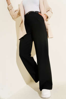 İnce Kemerli Pileli Kumaş Pantolon Siyah - Thumbnail