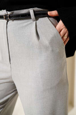 İnce Kemerli Pileli Kumaş Pantolon Gri - Thumbnail
