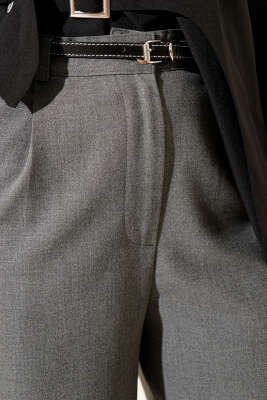 İnce Kemerli Pileli Kumaş Pantolon Füme - Thumbnail