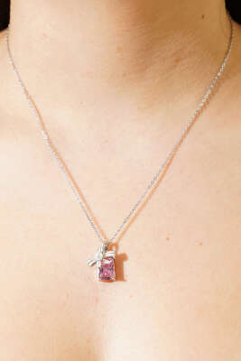 Pazarium - Pembe Taşlı İnci Fiyonklu Kolye Gümüş 