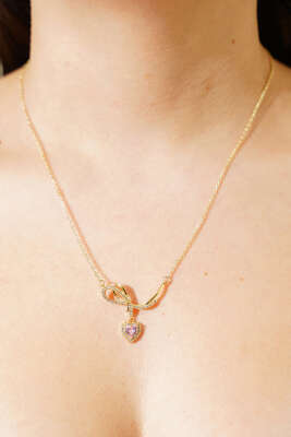 Kalp Detaylı Fiyonk Kolye Gold - Thumbnail