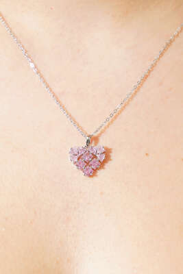 Pembe Taşlı Geometrik Kalp Kolye Gümüş - Thumbnail