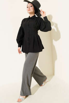 Bel Pensli Poplin Gömlek Siyah - Thumbnail