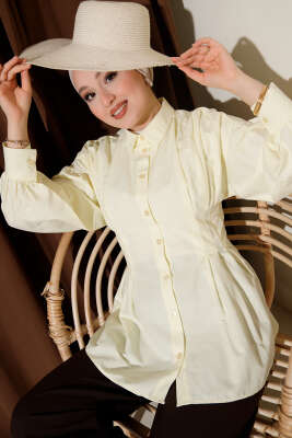 Bel Pensli Poplin Gömlek Sarı - Thumbnail