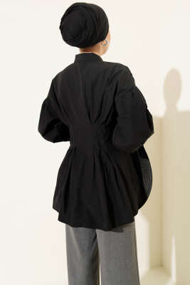 Bel Pensli Poplin Gömlek Siyah - Thumbnail