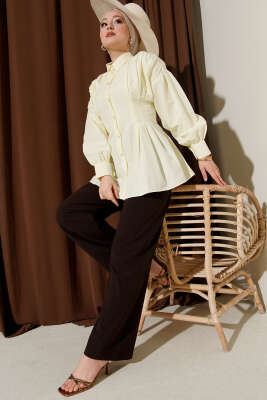 Bel Pensli Poplin Gömlek Sarı - Thumbnail