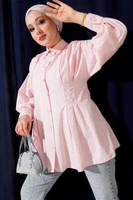 Pazarium - Bel Pensli Poplin Gömlek Pembe