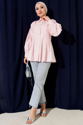 Bel Pensli Poplin Gömlek Pembe - Thumbnail