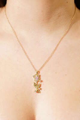 Romantik Gül Motifli Pembe Taş Kolye Gold - Thumbnail