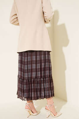 Ekoseli Kat Kat Şifon Etek Kahve - Thumbnail