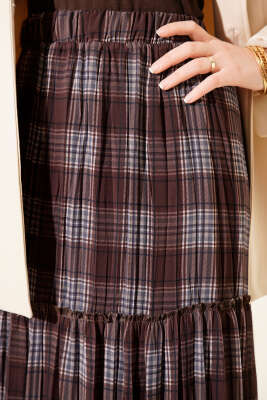 Ekoseli Kat Kat Şifon Etek Kahve - Thumbnail