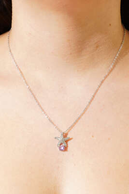 Denizyıldızı Figürlü Pembe Taşlı Kolye Gümüş - Thumbnail