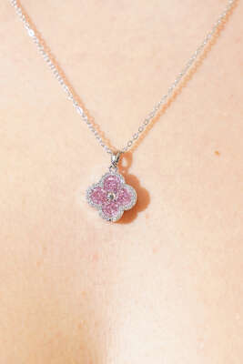 Pembe Taşlı Yonca Figürlü Kolye Gümüş - Thumbnail