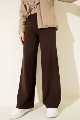 Geniş Paça Düğmeli Pantolon Kahve - Thumbnail