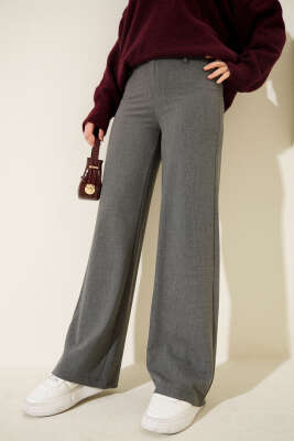 Geniş Paça Düğmeli Pantolon Füme - Thumbnail