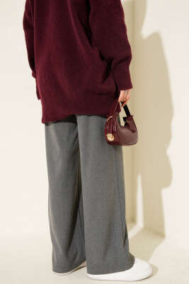 Geniş Paça Düğmeli Pantolon Füme - Thumbnail