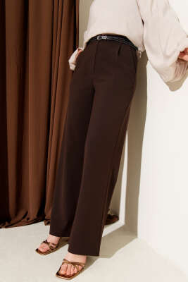 Pazarium - İnce Kemerli Pileli Kumaş Pantolon Kahve