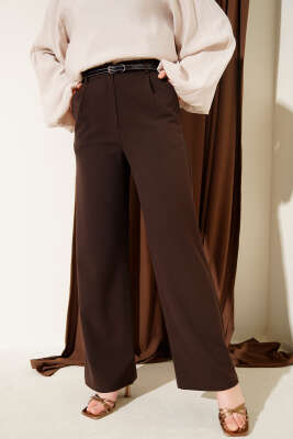 İnce Kemerli Pileli Kumaş Pantolon Kahve - Thumbnail
