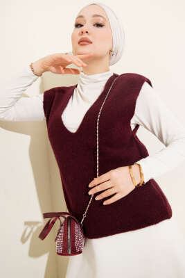 Pazarium - V Yaka Yumoş Triko Süveter Mürdüm