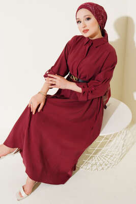 Boydan Düğmeli Kemerli Basic Elbise Bordo - Thumbnail