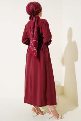 Boydan Düğmeli Kemerli Basic Elbise Bordo - Thumbnail