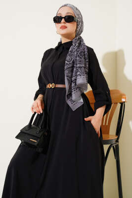 Boydan Düğmeli Kemerli Basic Elbise Siyah - Thumbnail