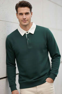 Pazarium - Düğmeli Polo Yaka Erkek Sweatshirt Nefti