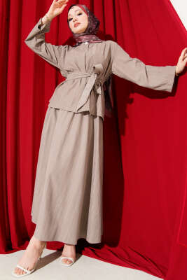 Gold Düğme Detaylı Tensel Etekli İkili Takım Vizon - Thumbnail