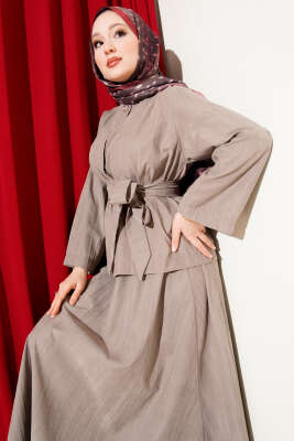 Gold Düğme Detaylı Tensel Etekli İkili Takım Vizon - Thumbnail