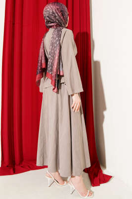 Gold Düğme Detaylı Tensel Etekli İkili Takım Vizon - Thumbnail